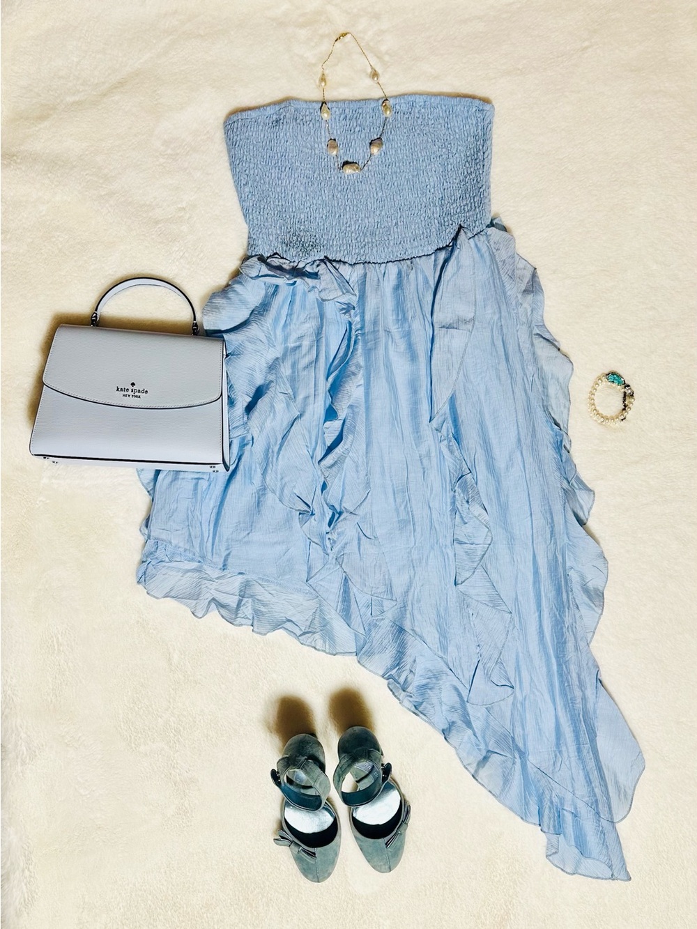 Light Blue Ruffled Strapless A-Line Dress